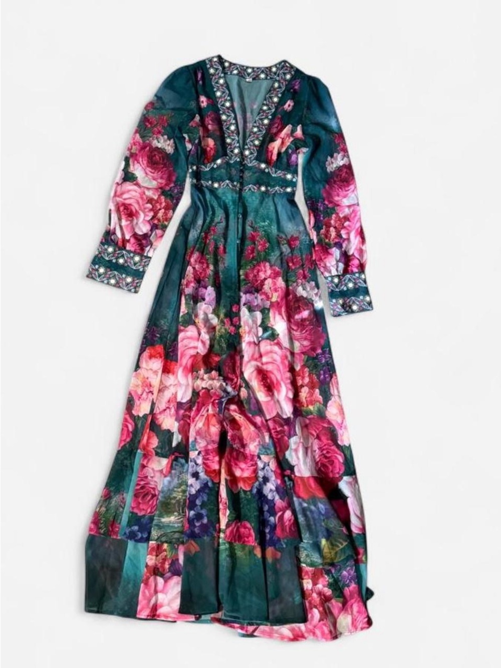 Lina Green Maxi Dress with Pink Floral Print